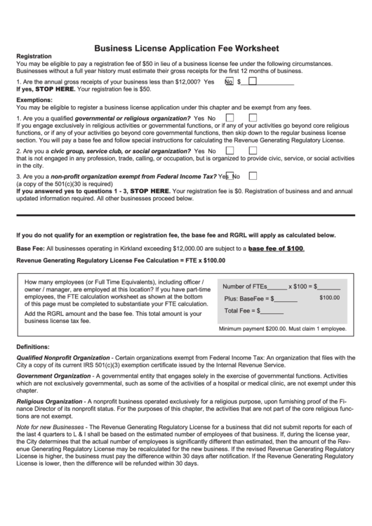 Business License Application Fee Worksheet Printable pdf