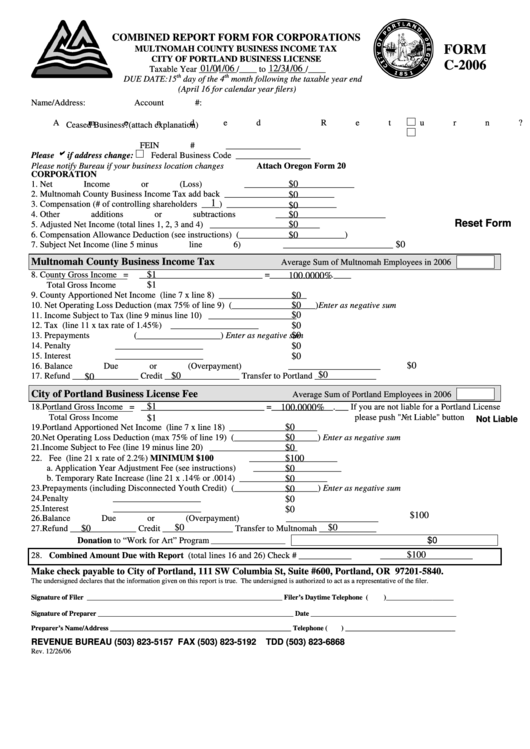Fillable Form C-2006 - Combined Report Form For Corporations - 2006 Printable pdf