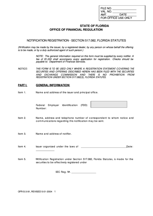 Notification Registration Form - Florida Printable pdf