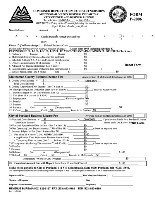 Fillable Form P-2006 - Combined Report Form For Partnerships - 2006 Printable pdf