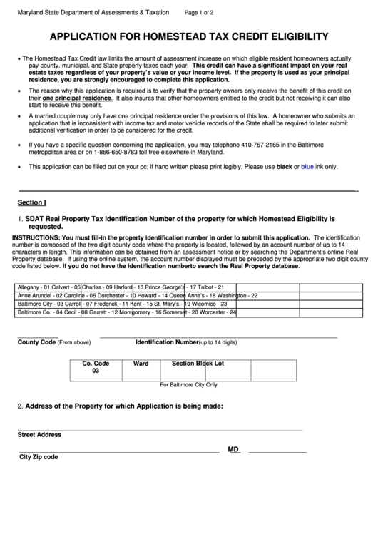 Fillable Application For Homestead Tax Credit Eligibility Form - Maryland State Department Of Assessments & Taxation Printable pdf