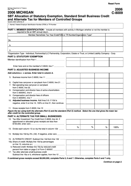 Fillable Form C-8009 - Michigan Sbt Allocation Of Statutory Exemption, Standard Small Business Credit, And Alternate Tax For Members Of Controlled Groups - 2006 Printable pdf