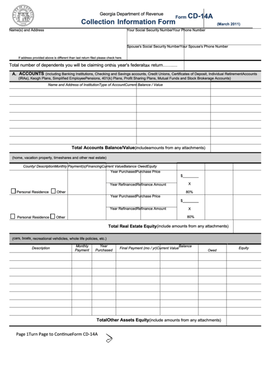 Fillable Form Cd-14a Collection Information Form - Georgia Department Of Revenue Printable pdf