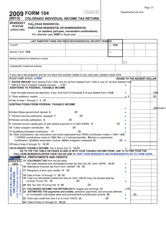 Form 104 - Colorado Individual Income Tax Return - 2009 Printable pdf