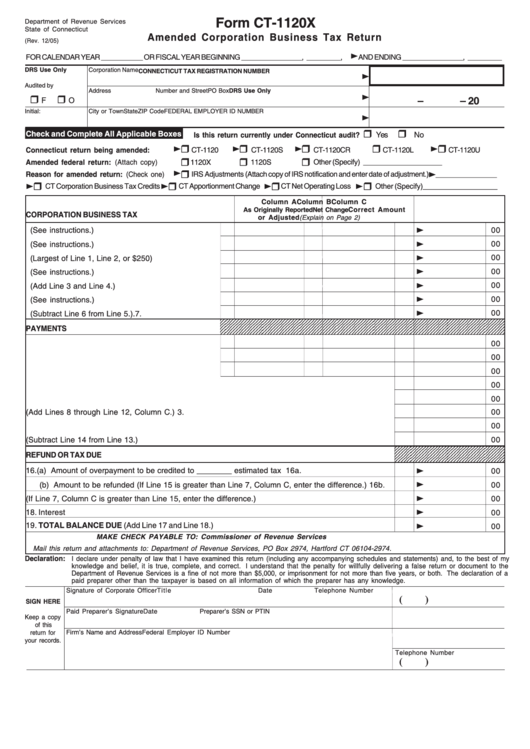 Form Ct-1120x Amended Corporation Business Tax Return - 2005 Printable pdf
