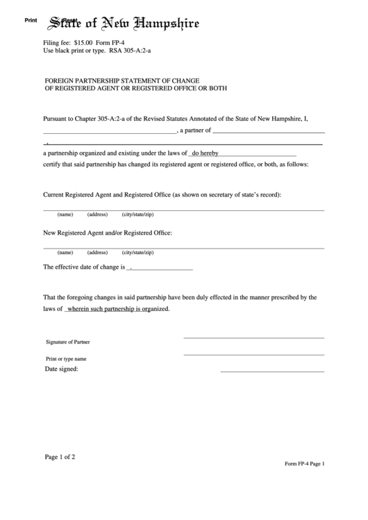 Fillable Form Fp-4 - Foreign Partnership Statement Of Change Of Registered Agent Or Registered Office Or Both - 2009 Printable pdf