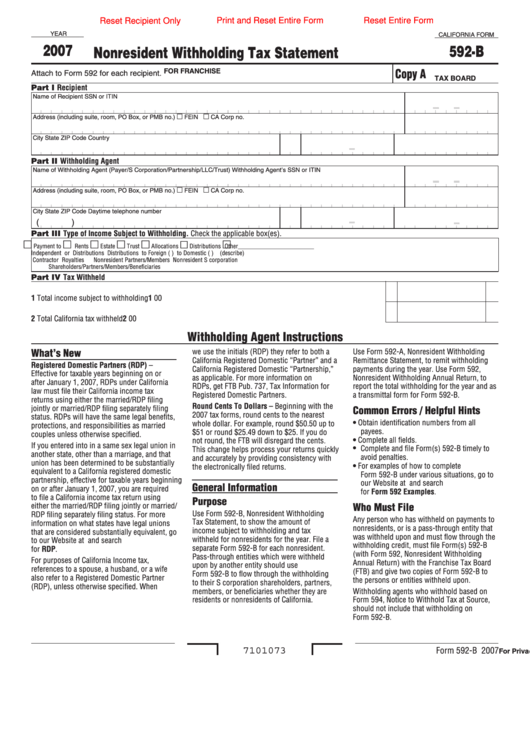 Fillable California Form 592-B - Nonresident Withholding Tax Statement - 2007 Printable pdf