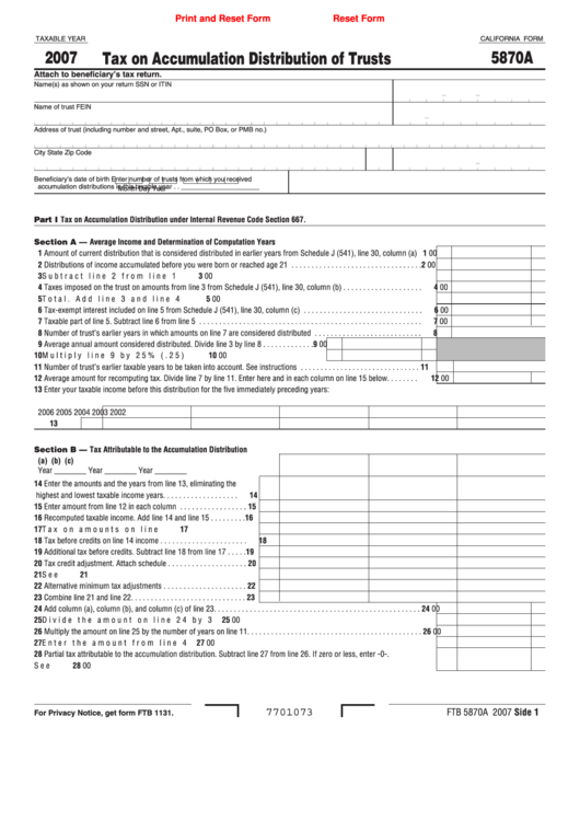 Fillable California Form 5870a - Tax On Accumulation Distribution Of Trusts - 2007 Printable pdf