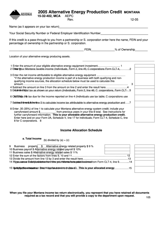 Fillable Montana Form Aepc - 2005 Alternative Energy Production Credit Printable pdf