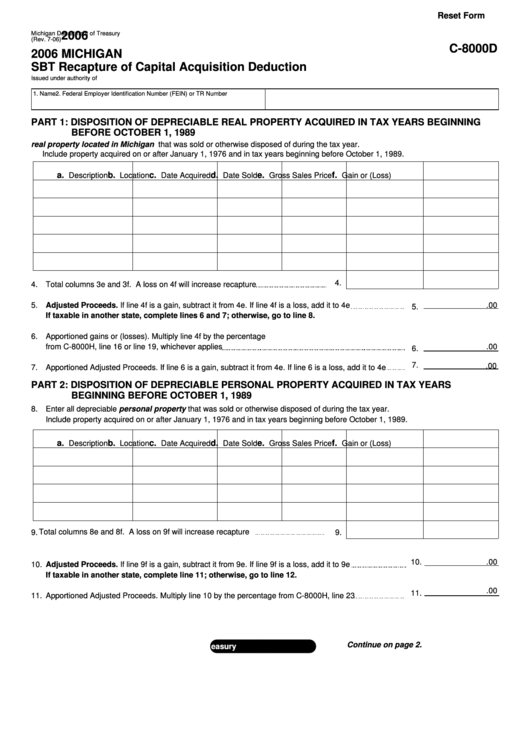 Fillable Form C-8000d - Michigan Sbt Recapture Of Capital Acquisition Deduction - 2006 Printable pdf