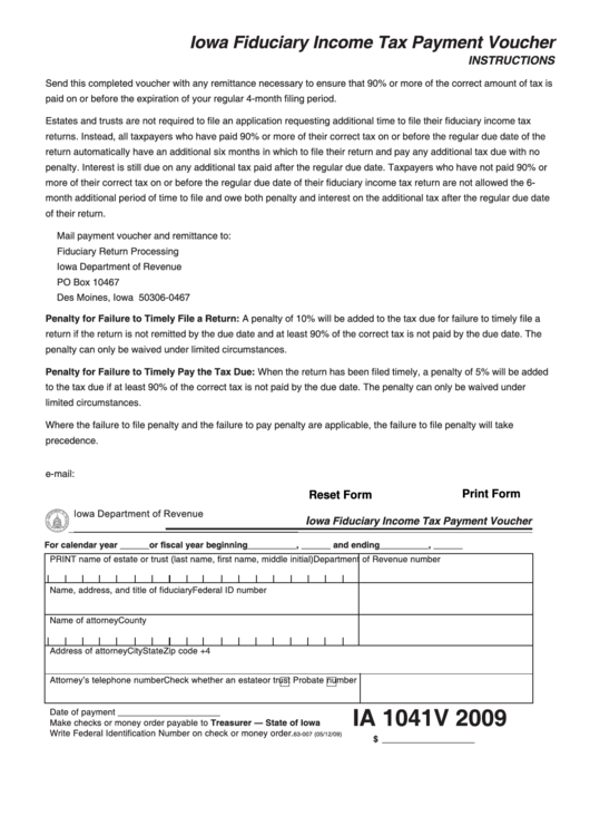 Fillable Form Ia 1041-V - Iowa Fiduciary Income Tax Payment Voucher - 2009 Printable pdf