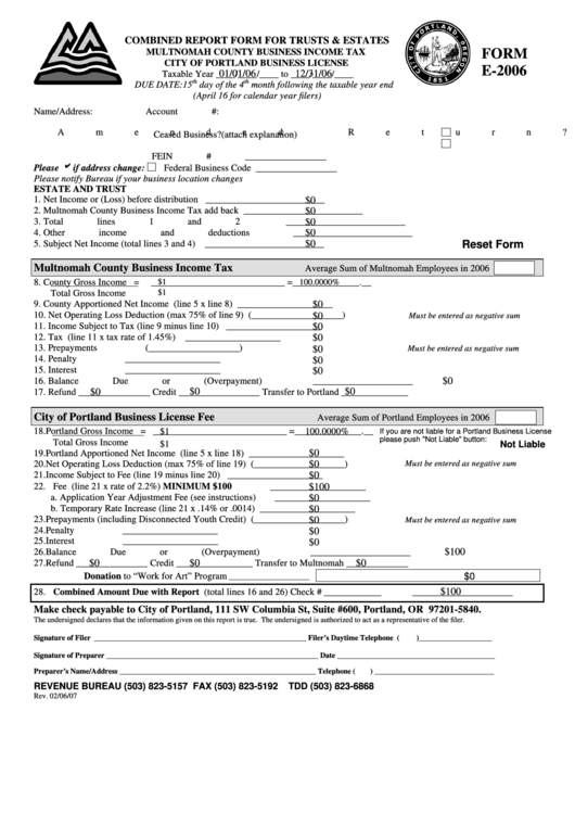 Fillable Form E-2006 - Combined Report Form For Trusts & Estates Printable pdf