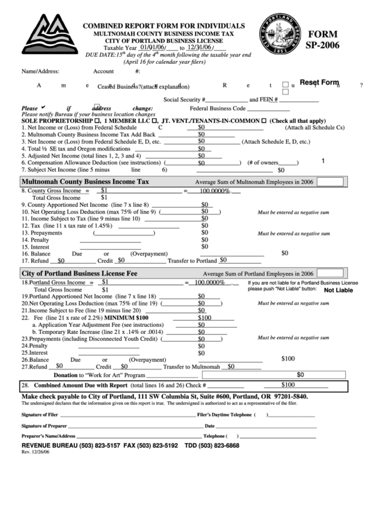 Fillable Form Sp-2006 - Combined Report Form For Individuals Printable pdf