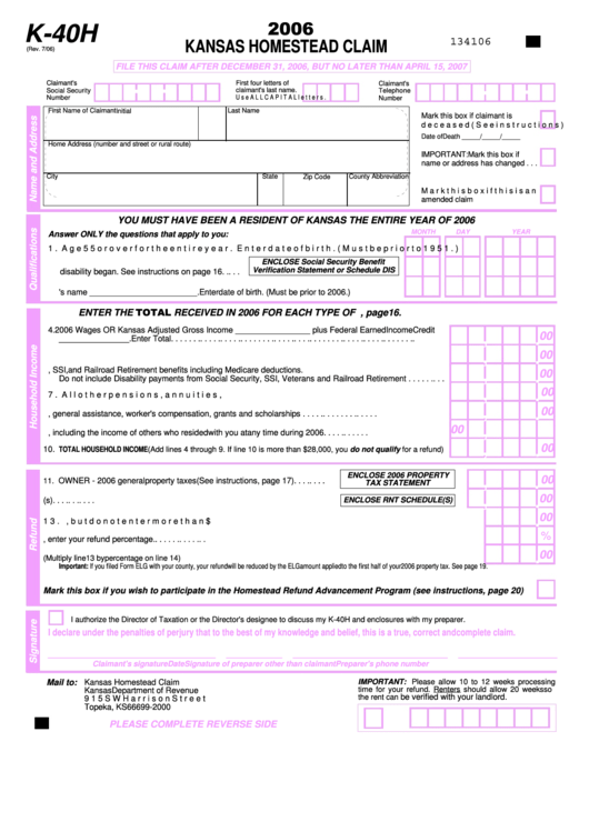 Form K-40h - Kansas Homestead Claim - 2006 Printable pdf