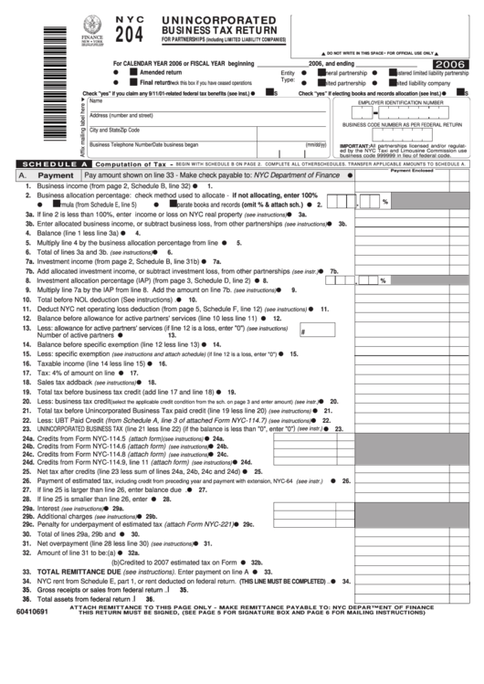 Form Nyc-204 - Unincorporated Business Tax Return - 2006 Printable pdf