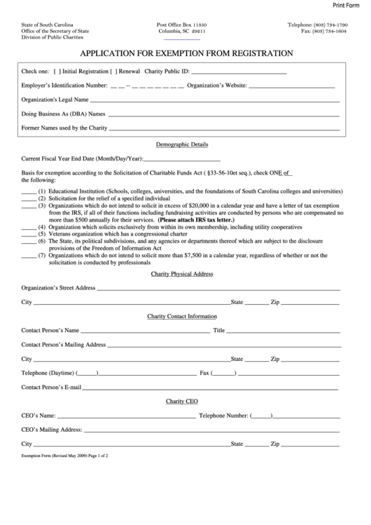 Fillable Application For Exemption From Registration - Secretary Of State Printable pdf