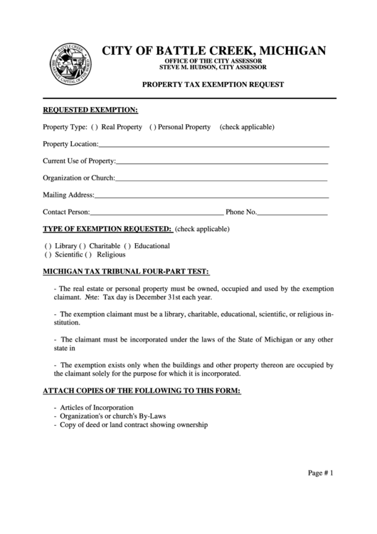Property Tax Exemption Request Template - City Of Battle Creek, Michigan Printable pdf