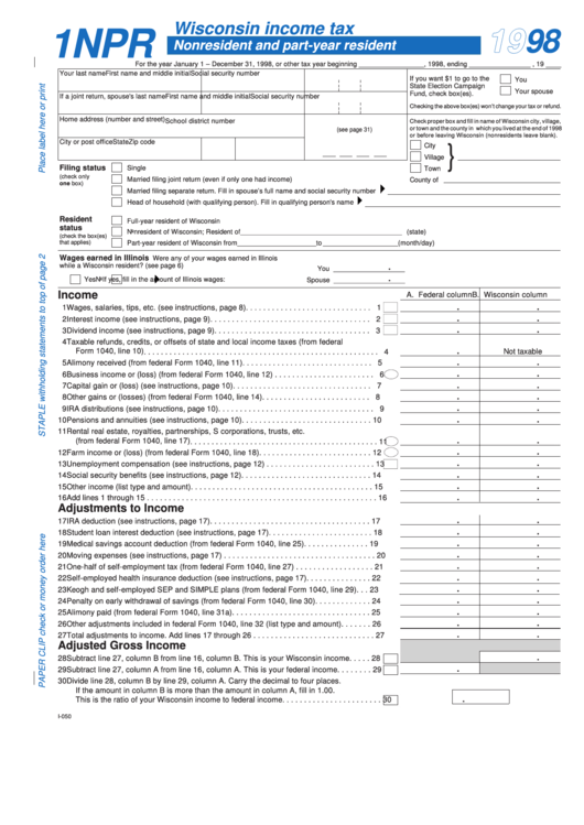 Fillable Wisconsin Income Tax Form Nonresident And Part Year Resident Printable Pdf Download