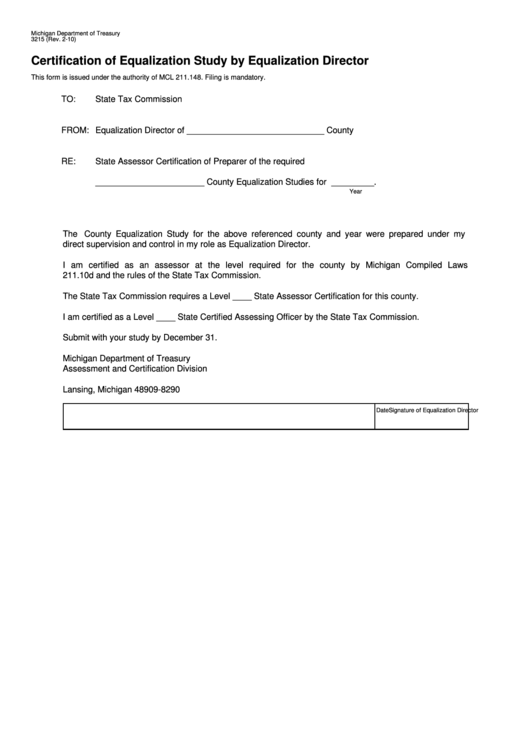 Form 3215 - Certification Of Equalization Study By Equalization Director Printable pdf