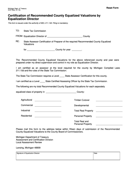 Fillable Form 3127 - Certification Of Recommended County Equalized Valuations By Equalization Director Printable pdf