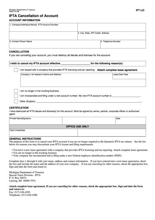 Form 4460 - Ifta Cancellation Of Account Printable pdf