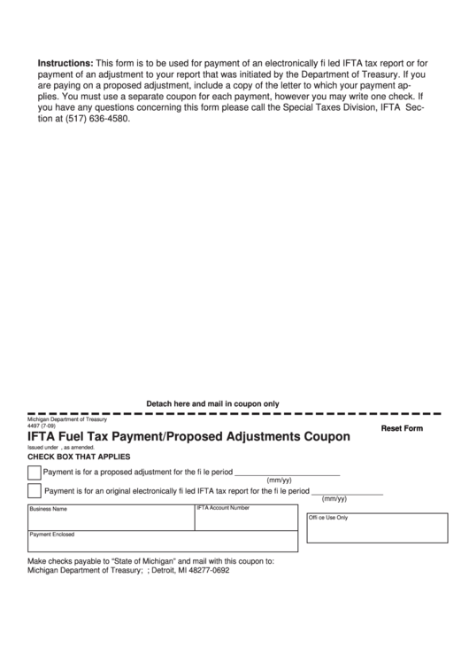 Fillable Ifta Fuel Tax Payment/proposed Adjustments Coupon Template - Michigan Printable pdf
