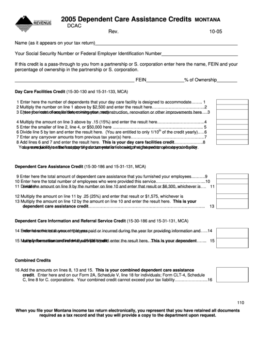 Fillable Form Dcac - Dependent Care Assistance Credits - 2005 Printable pdf