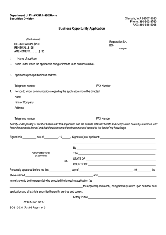 Fillable Form Sc-610-234 - Business Opportunity Application - Securities Division Department Of Financial Institutions Printable pdf