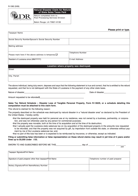 Fillable Form R-1362 - Natural Disaster Claim For Refund Of State Sales Taxes Paid - 2006 Printable pdf