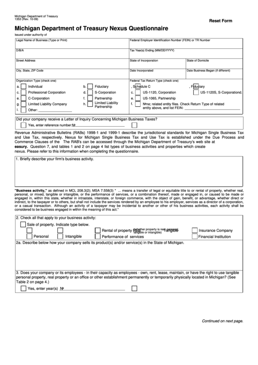 Fillable Form 1353 - Michigan Department Of Treasury Nexus Questionnaire - 2009 Printable pdf