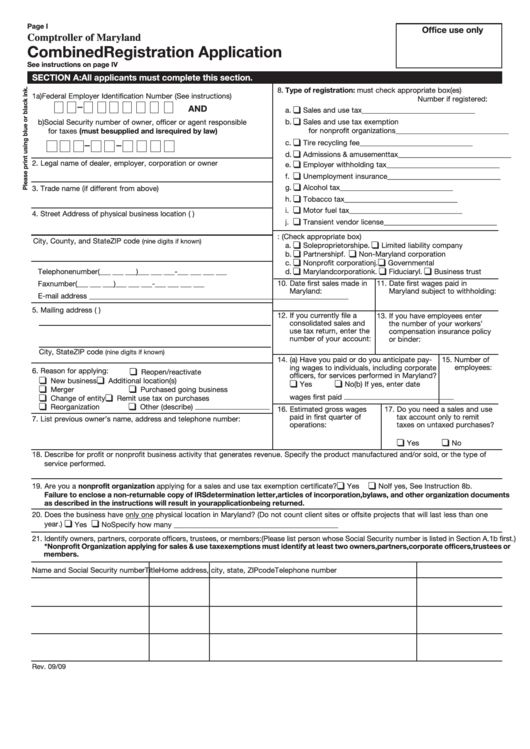 Fillable Combined Registration Application Form - Comptroller Of Maryland - 2009 Printable pdf