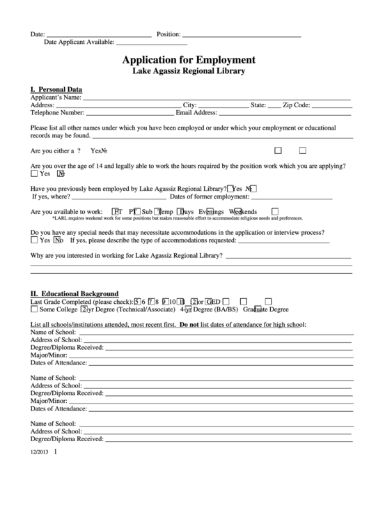 Fillable Application For Employment Form - Library (Sample) Printable pdf