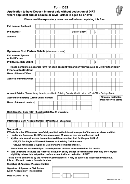 Form De1 - Application To Have Deposit Interest Paid Without Deduction Of Dirt Where Applicant And/or Spouse Or Civil Partner Is Aged 65 Or Over Printable pdf