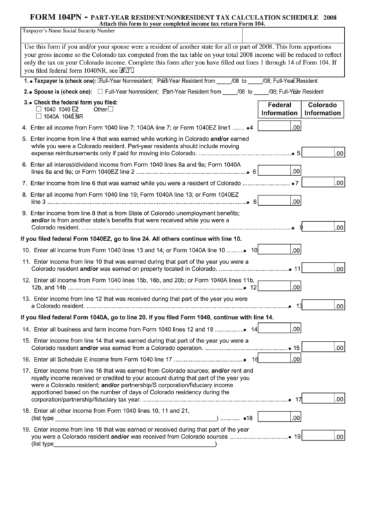 Form 104pn - Part-Year Resident/nonresident Tax Calculation Schedule - 2008 Printable pdf