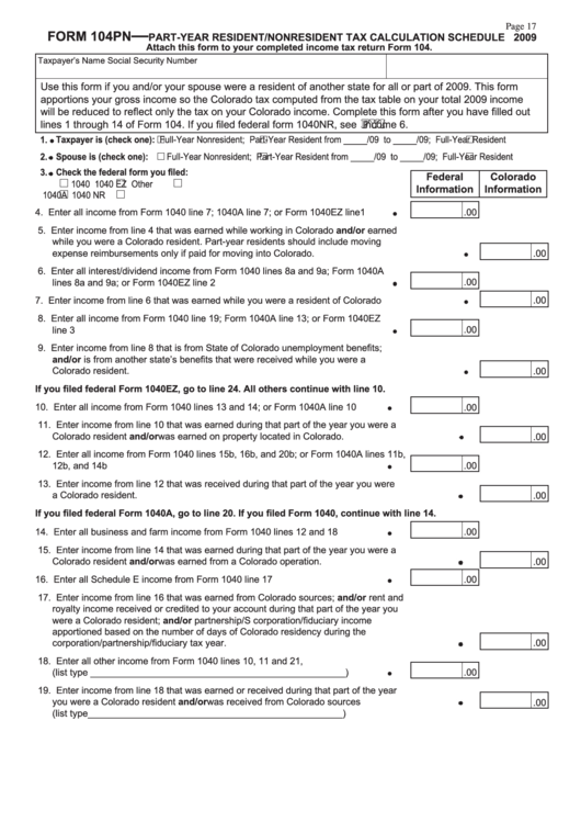 Fillable Form 104pn - Part-Year Resident/nonresident Tax Calculation Schedule - 2009 Printable pdf