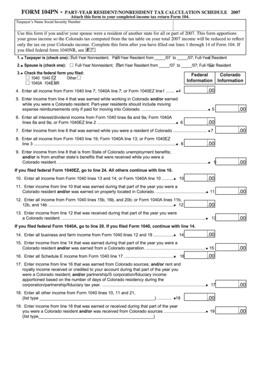 Form 104pn - Part-Year Resident/nonresident Tax Calculation Schedule - 2007 Printable pdf