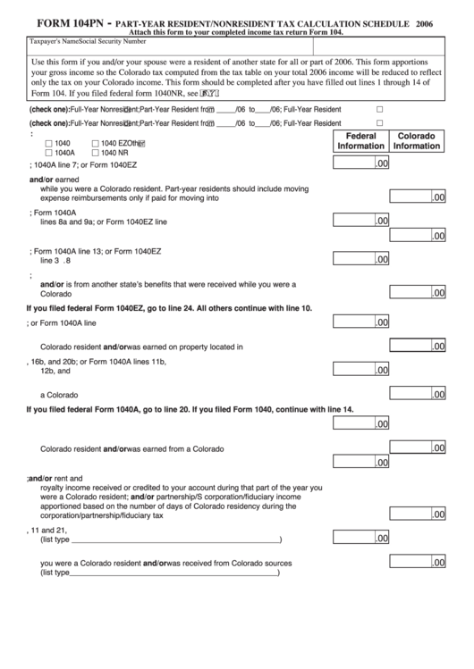 Form 104pn - Part-Year Resident/nonresident Tax Calculation Schedule - 2006 Printable pdf