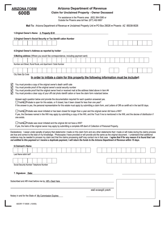 Fillable Form 600b - Claim For Unclaimed Property - Owner Deceased Printable pdf