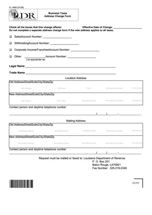 Fillable R - 6450 Business Taxes Address Change Form Printable pdf