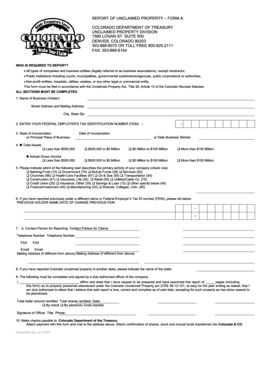 Fillable Form A Report Of Unclaimed Property printable