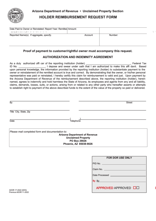 Fillable Ador 17-2022 Holder Reimbursement Request Form Printable pdf