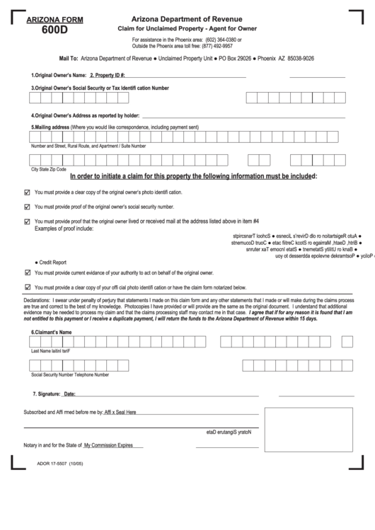 Fillable Form 600d - Claim For Unclaimed Property - Agent For Owner Printable pdf