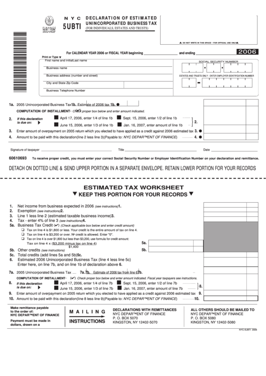 Fillable Form Nyc 5ubti - Declaration Of Estimated Unincorporated Business Tax - 2006 Printable pdf