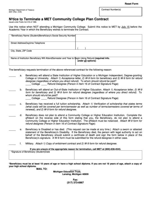 Fillable Form 3231 - Notice To Terminate A Met Community College Plan Contract - 2005 Printable pdf