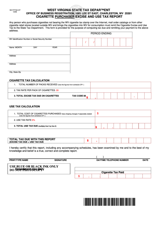 Wv/tp702-Cp - Cigarette Purchaser Excise And Use Tax Report Form Printable pdf