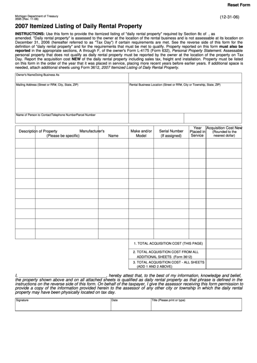 Fillable Form 3595 - Itemized Listing Of Daily Rental Property - 2007 Printable pdf