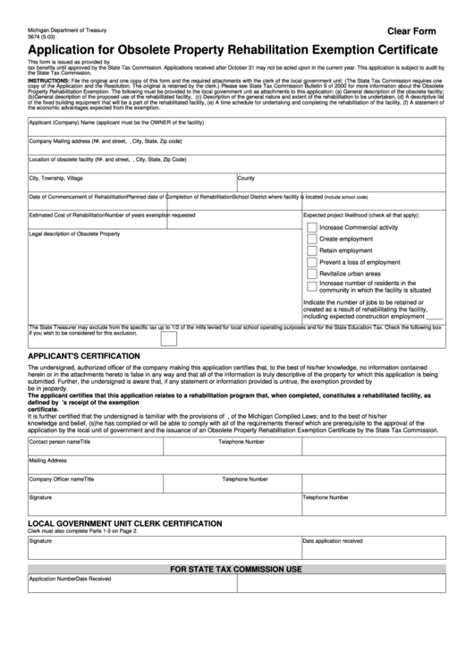 Fillable Form 3674 - Application For Obsolete Property Rehabilitation Exemption Certificate - 2003 Printable pdf