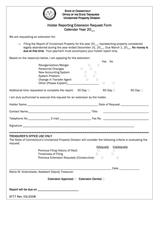 Holder Reporting Extension Request Form - Connecticut Office Of The State Treasurer Printable pdf