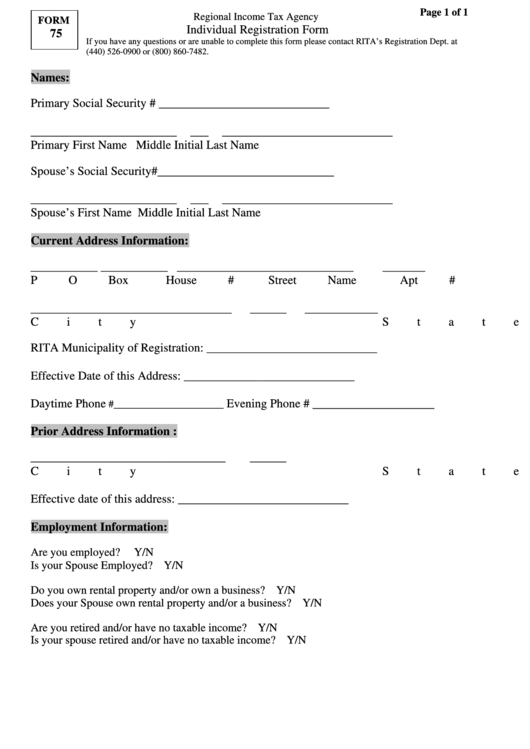 Form 75 - Individual Registration Form - Regional Income Tax Agency Printable pdf