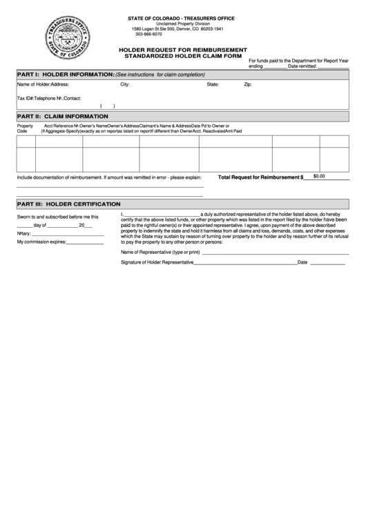 Fillable Holder Request For Reimbursement Standardized Holder Claim Form - Colorado Treasurers Office Printable pdf